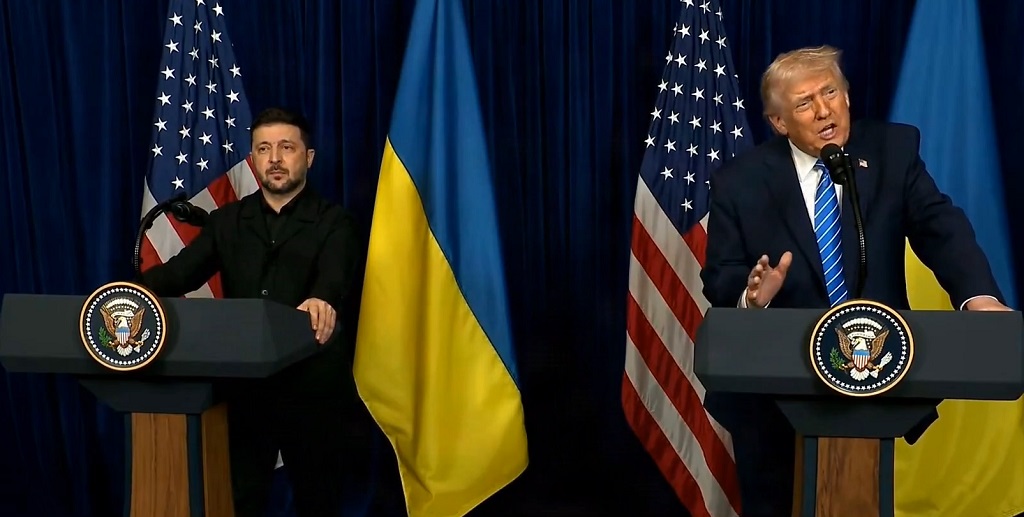 美国总统唐纳德·特朗普（Donald Trump）与乌克兰总统弗拉基米尔·泽连斯基（Volodymyr Zelensky）在佛罗里达州海湖庄园会晤后发表讲话
